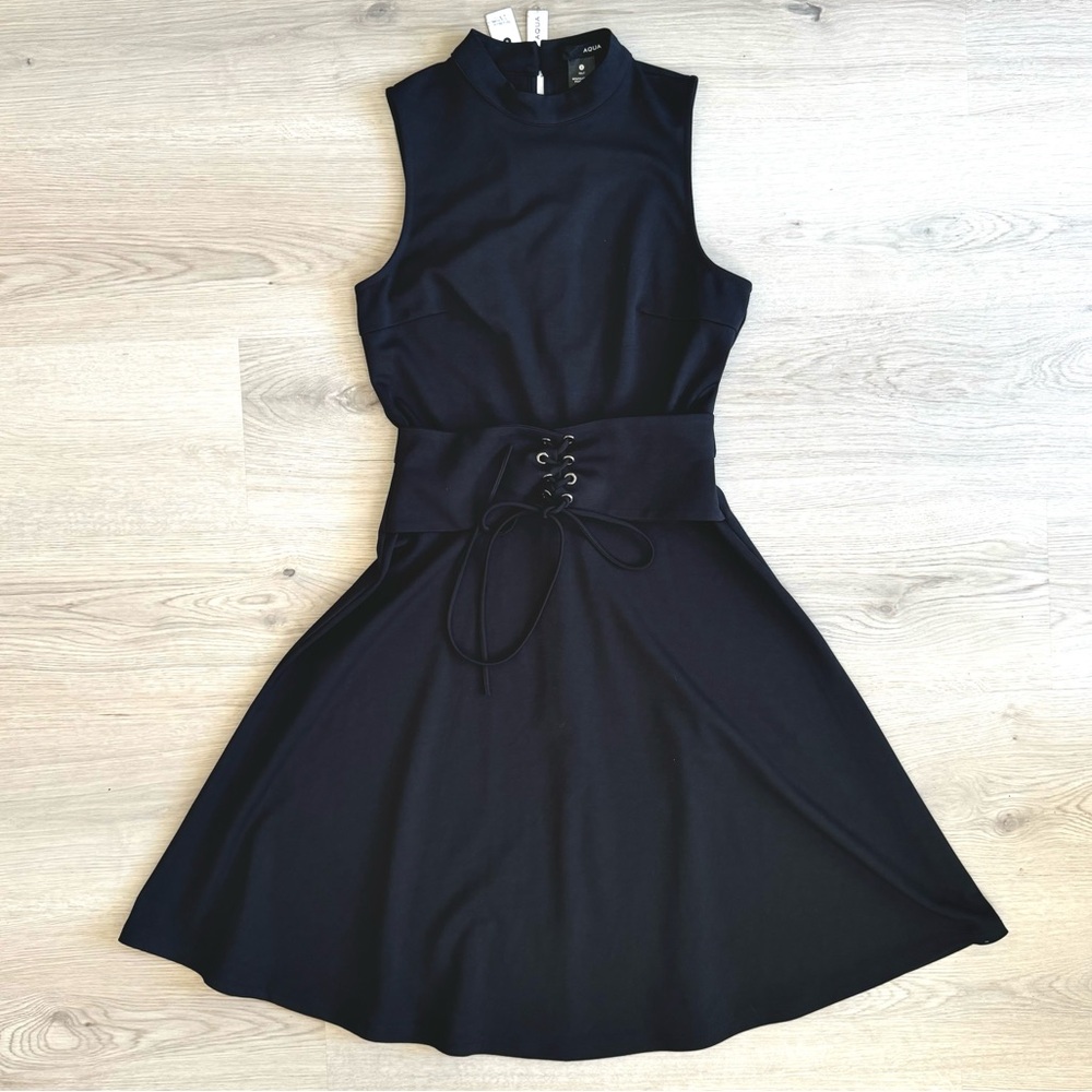 NWT Bloomingdale’s Aqua Mini Dress Black Sleeveless Corset Waist Size Small S